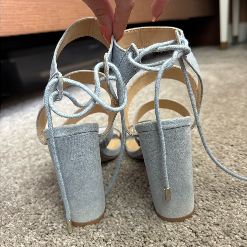 Lulu's Marlena Blue Grey Suede Caged Lace-Up Heel - Picture 6 of 9